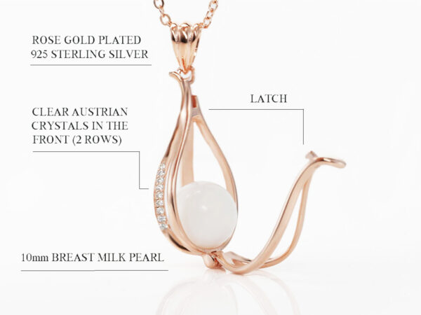 breast milk necklace with breast milk pearl bead in with rose cage locket open on white background describing features diagram from keepsakemom