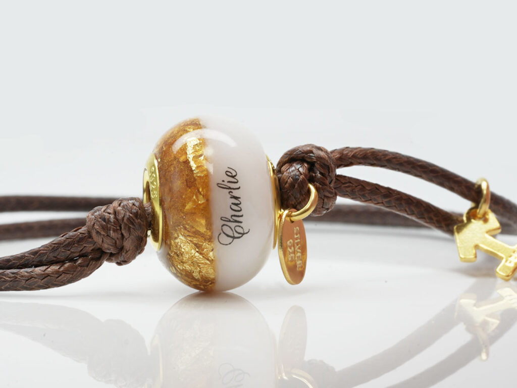 breastmilk jewelry bead bracelet with name and yellow gold tag with November birth month yellow citrine color added to the bead from KeepsakeMom
