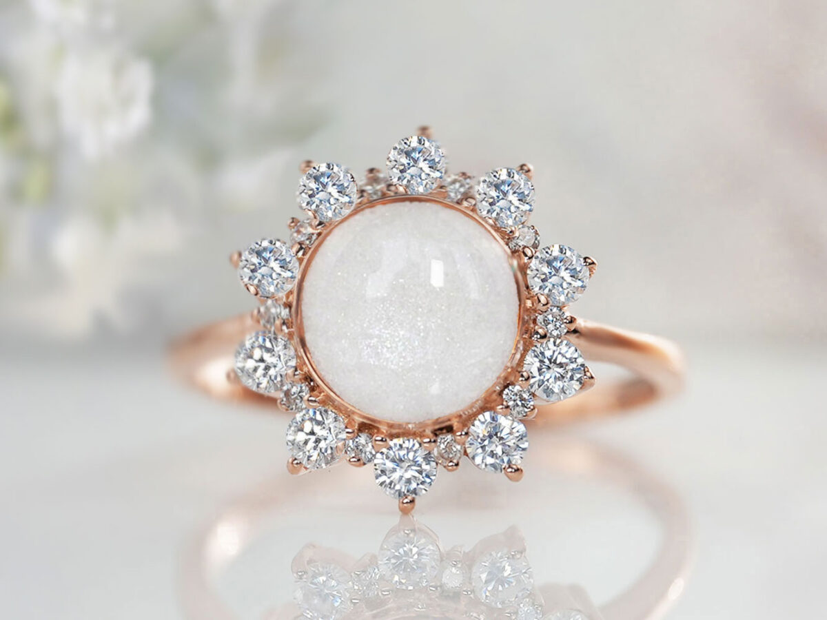 breastmilk jewelry flower ring with round breastmilk center with pearl powder and clear crystals around made with rose gold from KeepsakeMom