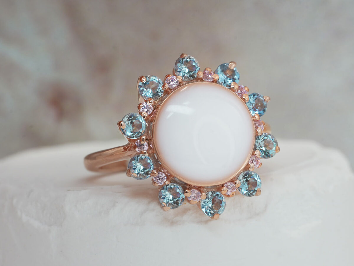 breastmilk ring flower shape with large center breastmilk round stone crystals halo with birth month color gems from keepsakemom blue and pink stone