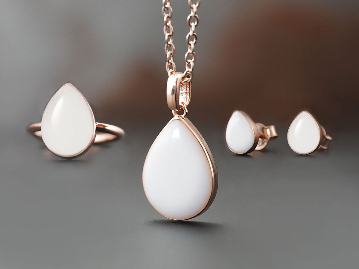 breastmilk jewelry set in rose gold simple on white background necklace ring and studded earrings from keepsakemom drop shape