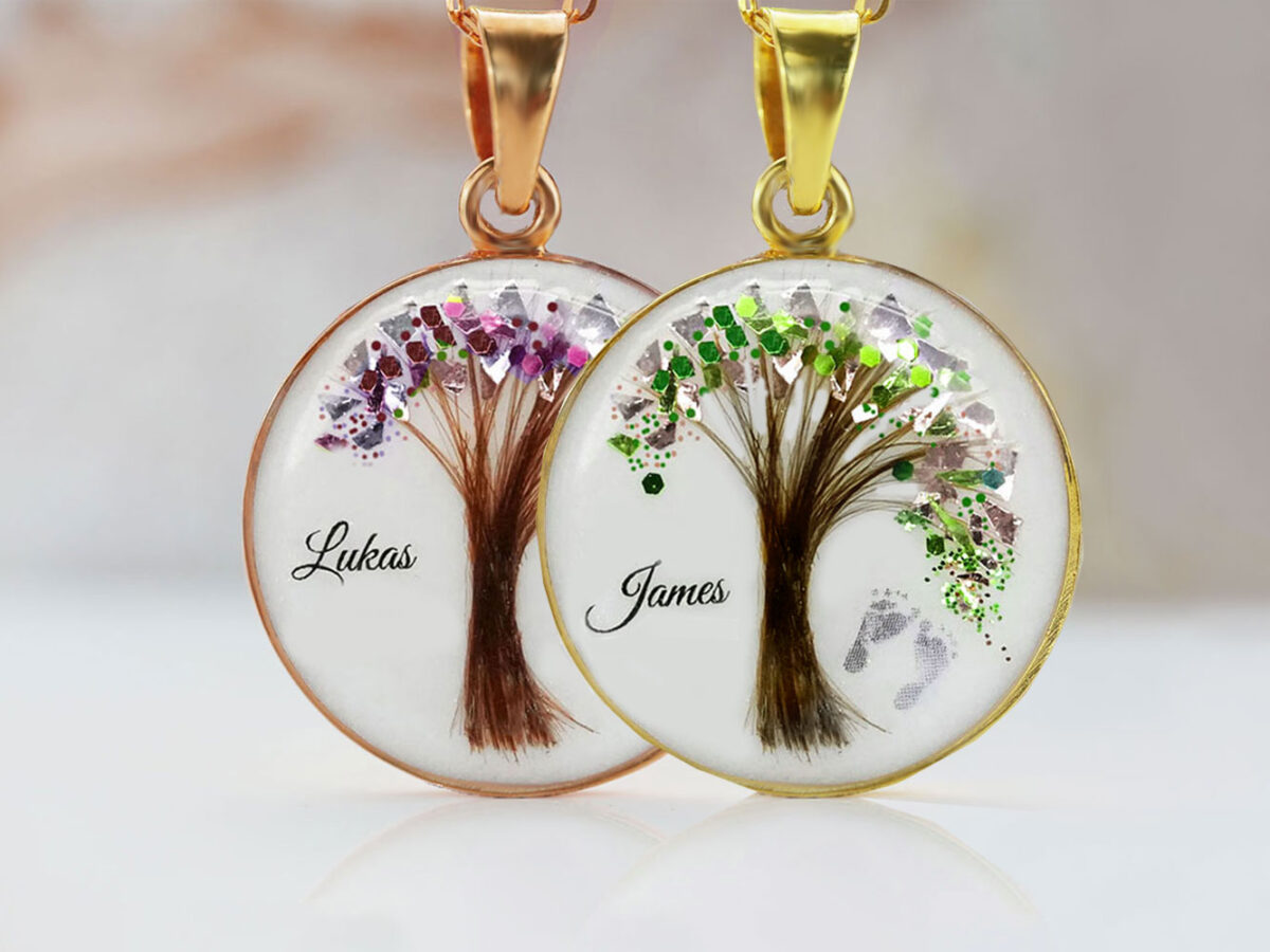 breastmilk jewelry two disc necklaces with trees of life made with baby hair and colored flakes for DIY kits from KeepsakeMom