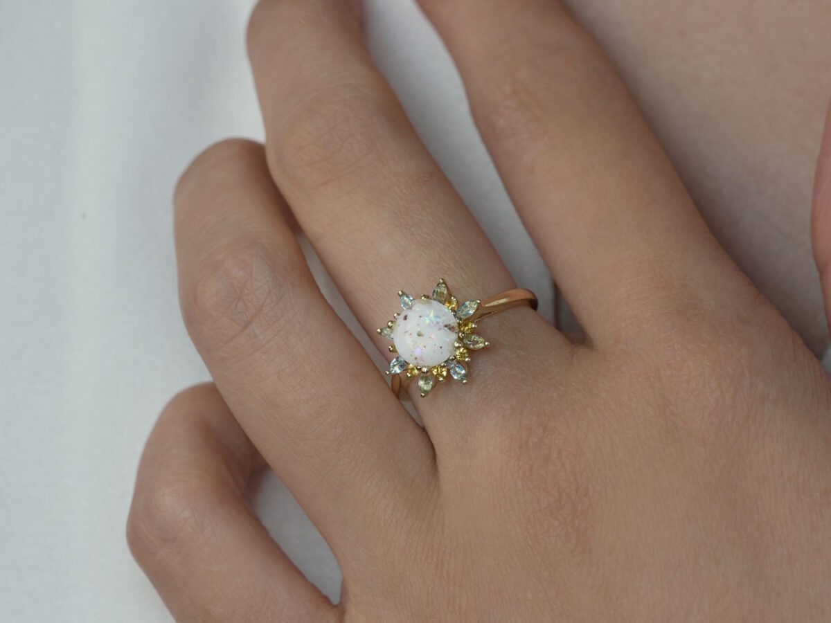 flower ring on a model hand flower shape blue yellow gems from keepsakemom