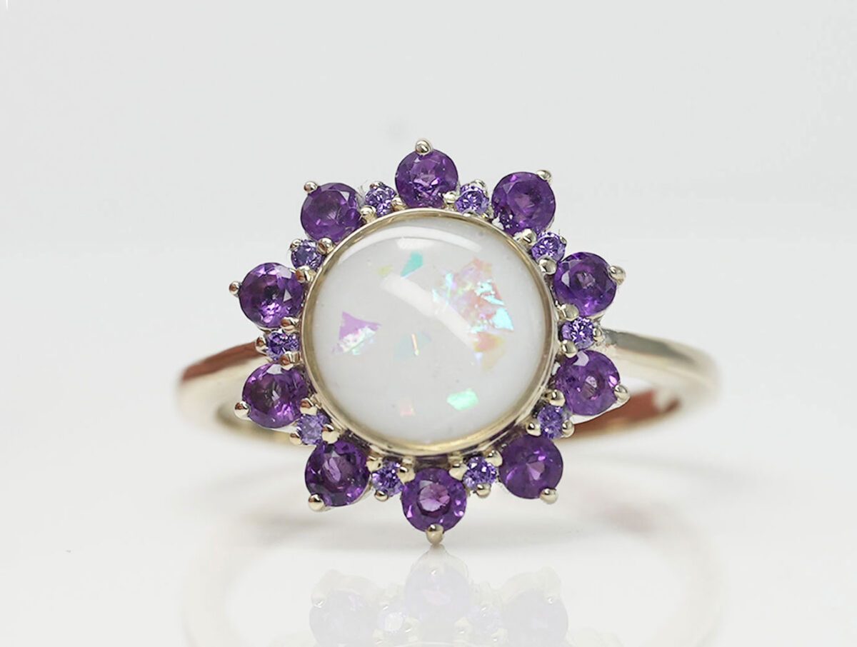 diy kit breast milk ring flower shaped solid 14k gold with round breastmilk stone and purple crystals around stone /halo from keepsakemom
