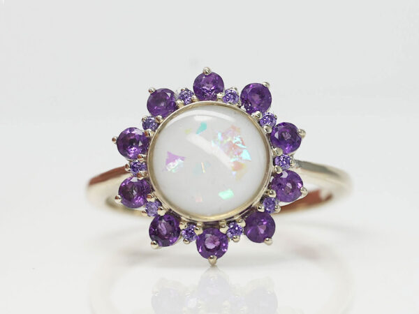 diy kit breast milk ring flower shaped solid 14k gold with round breastmilk stone and purple crystals around stone /halo from keepsakemom