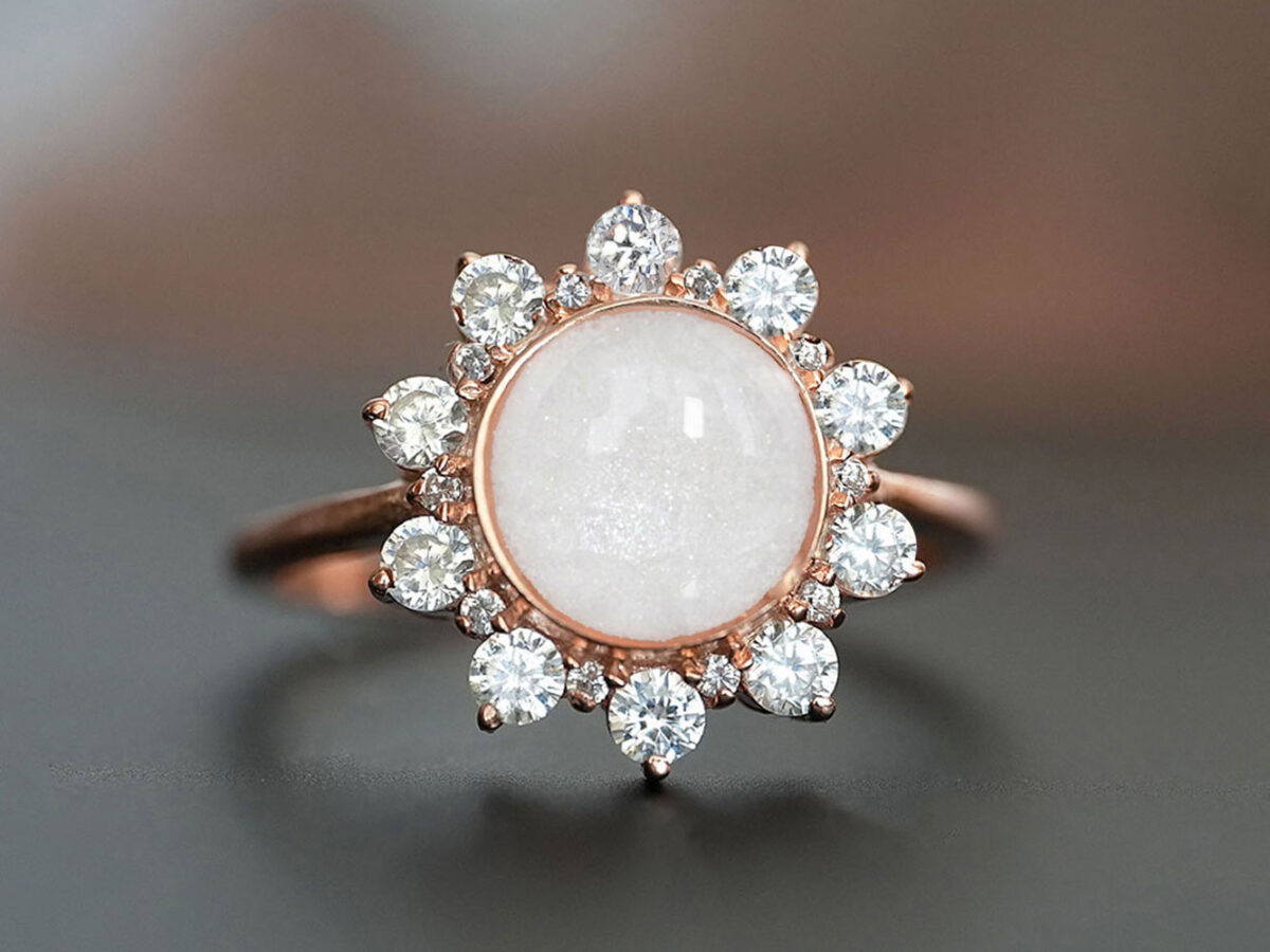 diy kit breast milk ring flower shaped rose gold with round breastmilk stone and clear crystals around stone /halo from keepsakemom for DIY kit