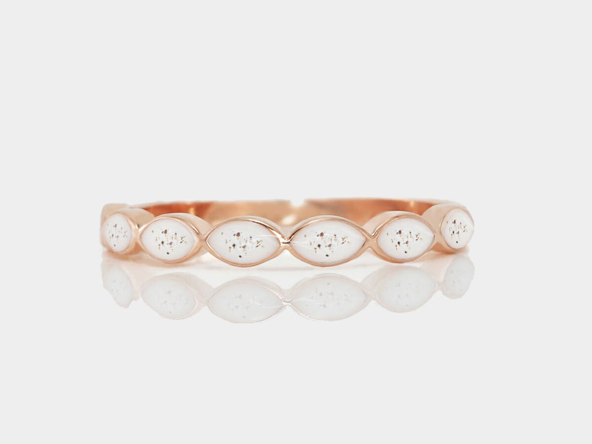 breastmilk band ring in rose gold with placenta and umbilical cord brown specks imbedded in breastmilk around the band from keepsakemom
