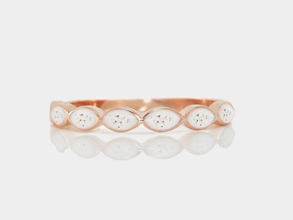 breastmilk band ring in rose gold with placenta and umbilical cord brown specks imbedded in breastmilk around the band from keepsakemom