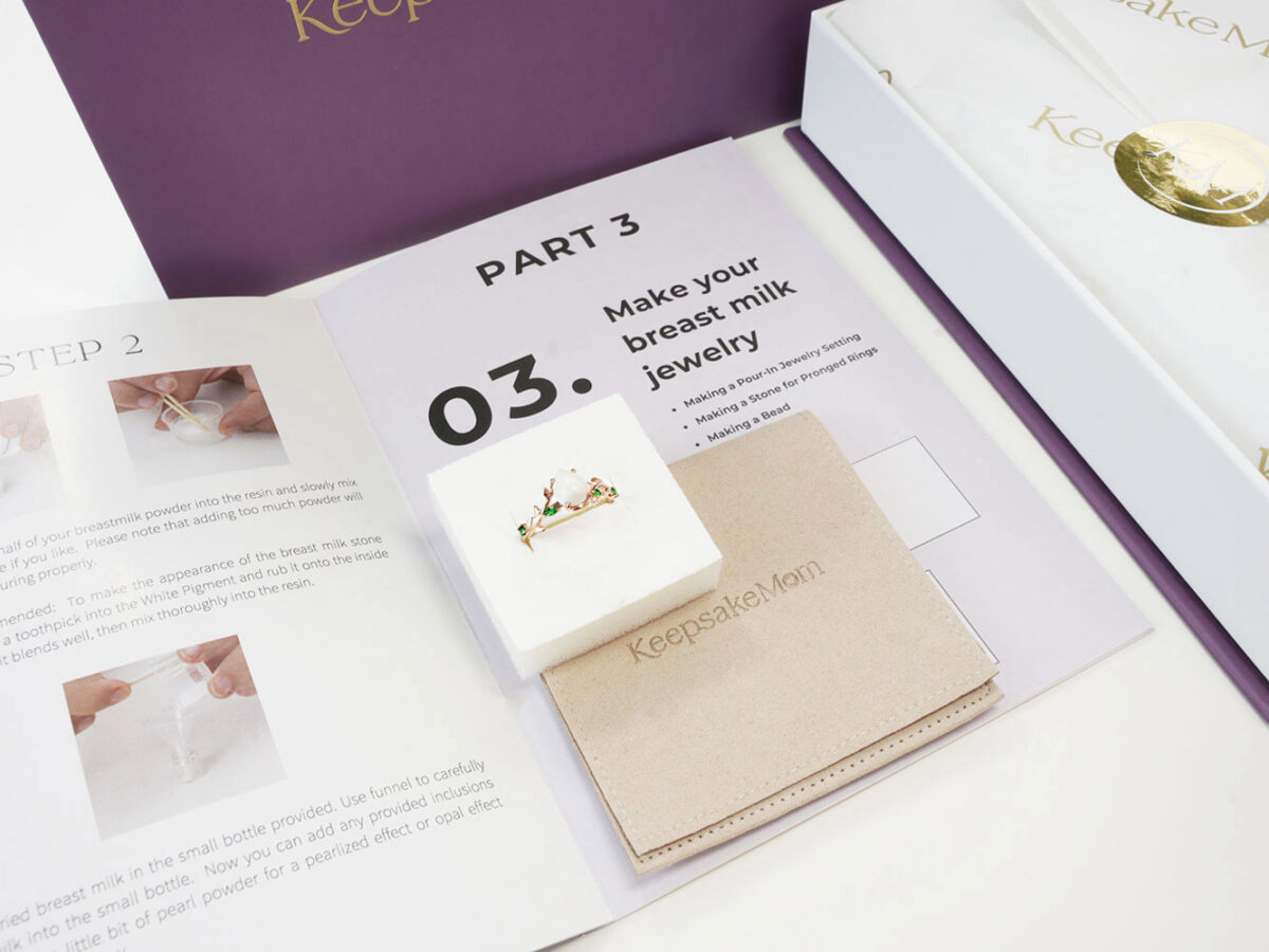 breastmilk jewelry DIY kit from KeepsakeMom contents and items instructions and made ring