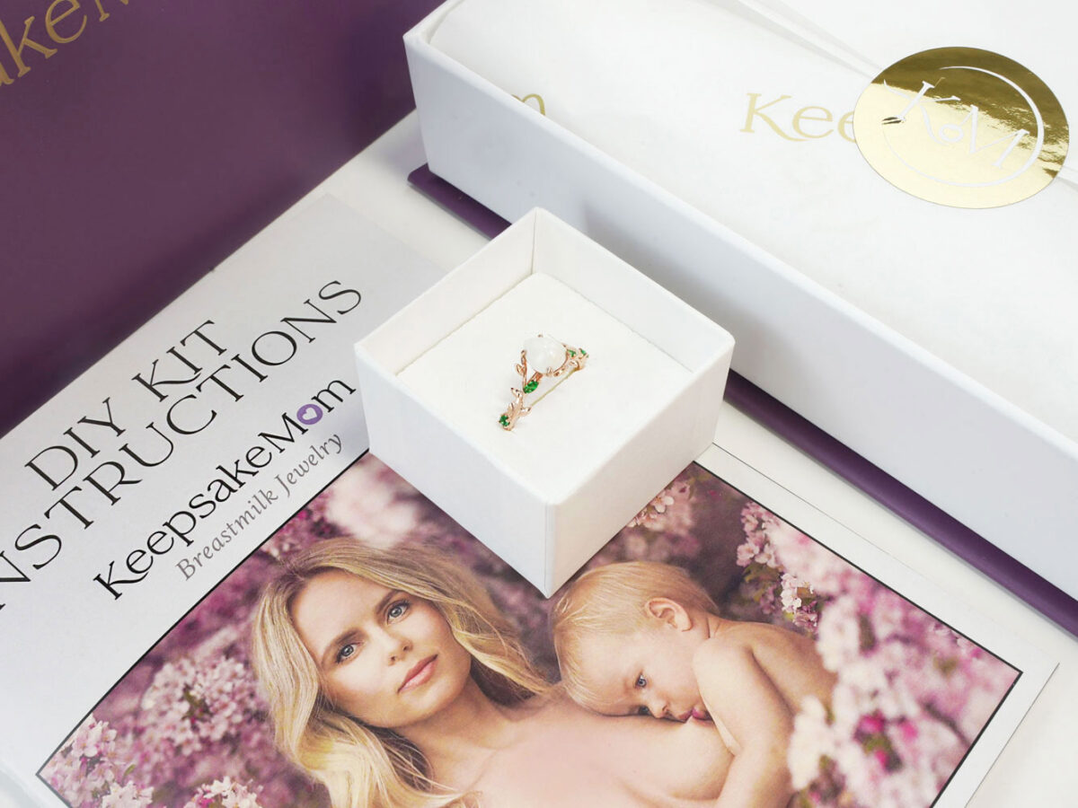 breastmilk jewelry DIY kit from KeepsakeMom instructions and ring made inside white box