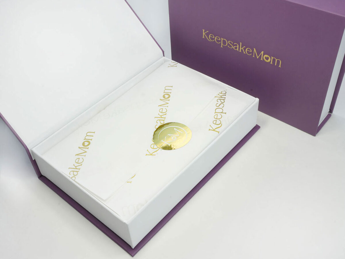 breastmilk jewelry DIY kit box open with golden logo KeepsakeMom and purple box