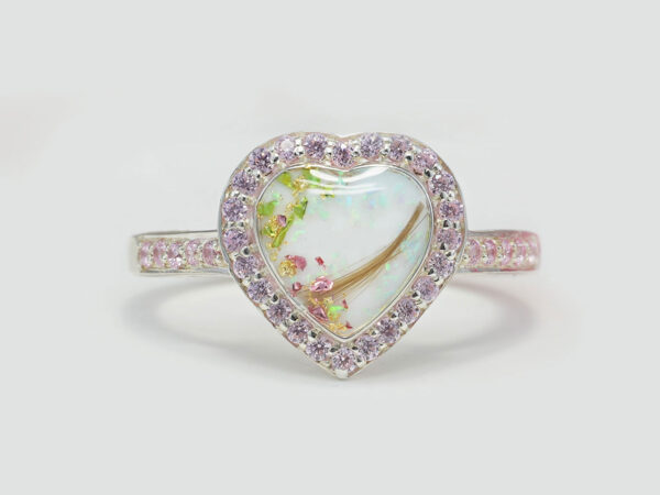 breastmilk ring in heart shape with halo crystals , hair and colored flakes inside breastmilk stone for diy kit keepsakemom