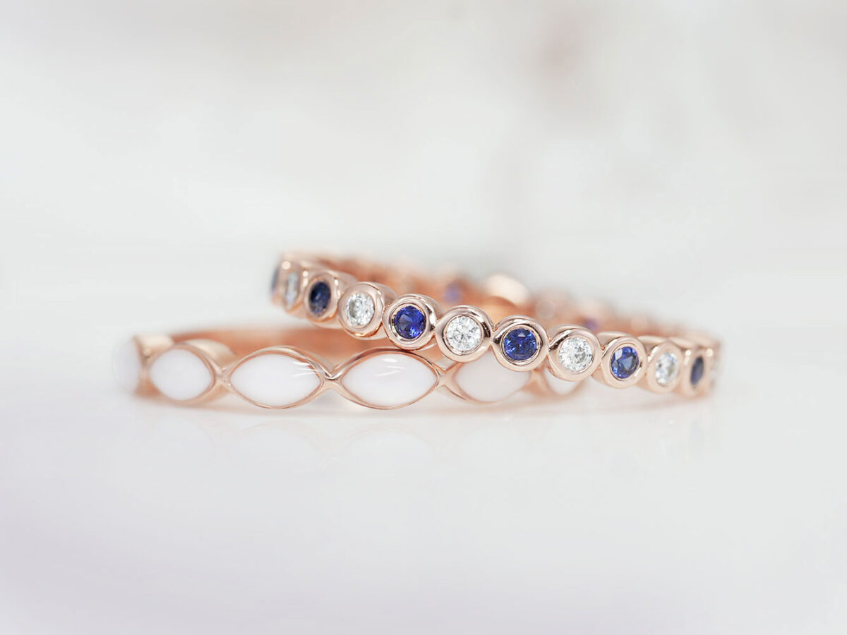 breastmilk ring set two rings in rose gold plating with breast milk stones in marquise style ring with fine delicate band and add-on extra ring with sapphires and diamonds for birth month colors from keepsakemom