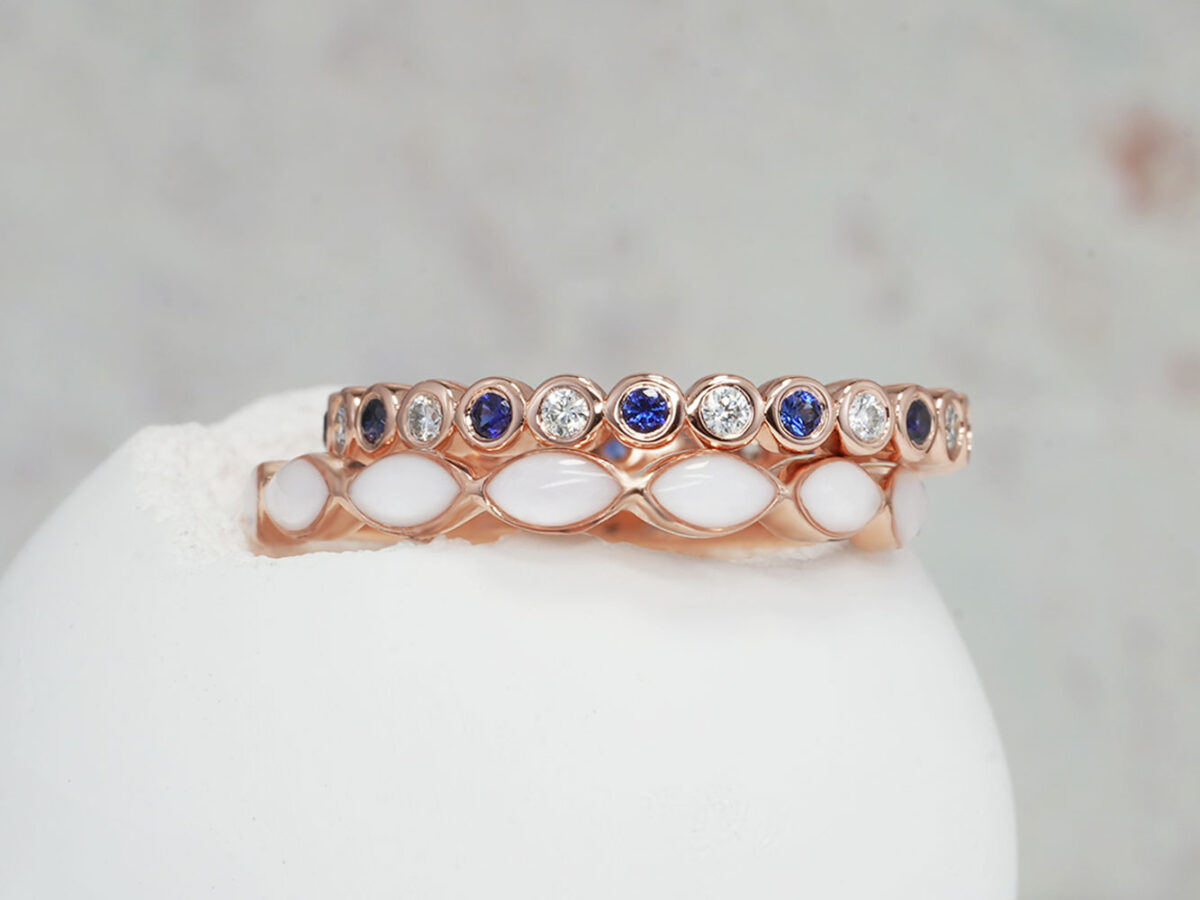 breastmilk ring set two rings in rose gold plating with breast milk stones in marquise style ring with fine delicate band and add-on extra ring with sapphires and diamonds for birth month colors from keepsakemom