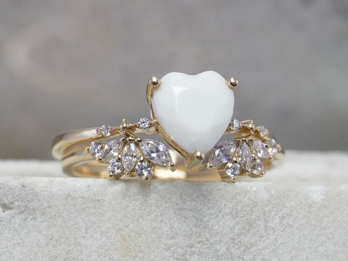 breastmilk jewelry ring set of in sterling silver rose gold plated with fine band and crystals on each side with heart shaped breastmilk stone and clear crystals wings add-on ring from KeepsakeMom