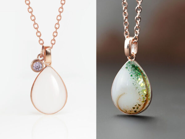 breast milk jewelry design your own from keepsakemom necklaces two for comparison before and after simple rose gold drop breastmilk necklace and drop necklace with gold and green flakes and lock of hair compared side by side