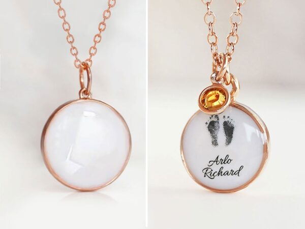 breast milk jewelry design your own from keepsakemom necklaces two for comparison before and after simple rose gold drop breastmilk necklace and disc round necklace with foot prints and name and orange charm compared side by side with simple just filled with breastmilk disc in rose gold metal