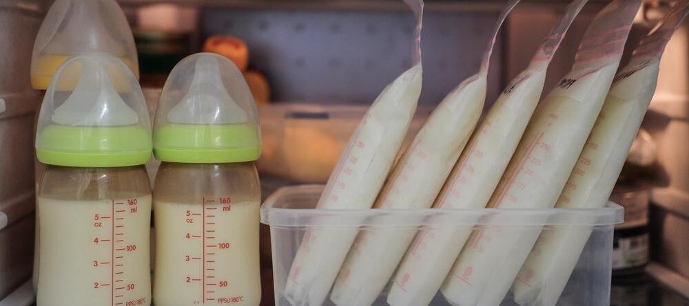 View of the inside of a freezer, featuring a well-organized breastmilk stash.