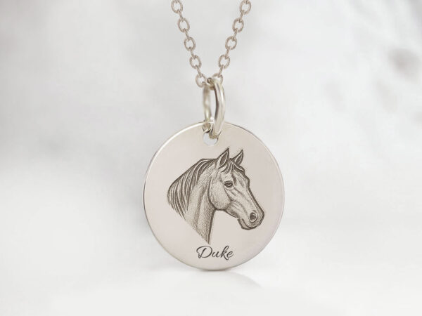 memorial pendant, a disc necklace with a horse's engraving on it, a sterling silver disc from keepsakemom