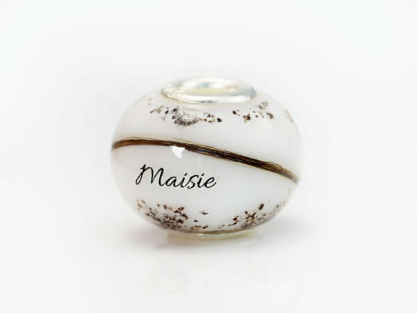 keepsake pandora style bead cremation jewelry with ashes, lock of hair and name from keepsakemom on white background