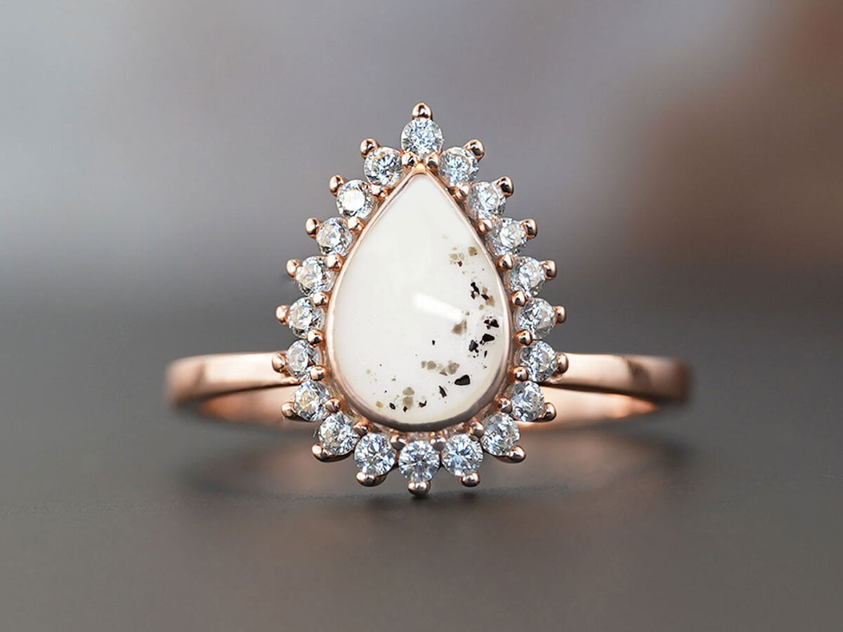 Keepsake Memorial Jewelry Ashes Keepsakemom Silver Gold (41) memorial cremation teardrop shaped ring with ashes on a dark brown background, adorned with clear crystals in rose gold filled with breastmilk and ashes and lock of hair from keepsakemom
