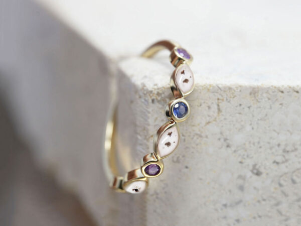 breastmilk cremation memorial jewelry fine stacker band ring high quality in rose gold with ashes and breast milk and blue and purple crystals all around from keepsakemom