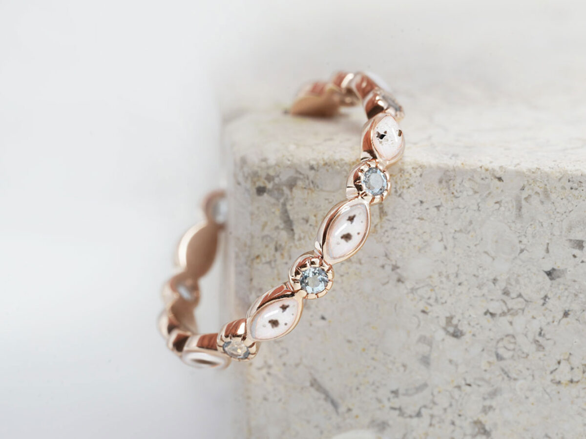 breastmilk cremation memorial jewelry fine stacker band ring high quality in rose gold with ashes and breast milk and clear crystals all around from keepsakemom