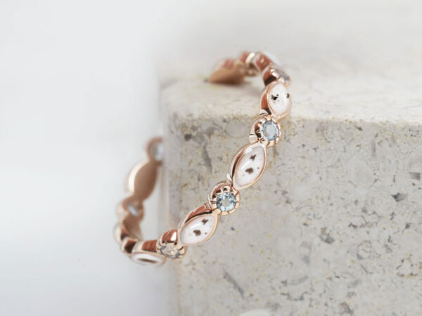 breastmilk cremation memorial jewelry fine stacker band ring high quality in rose gold with ashes and breast milk and clear crystals all around from keepsakemom