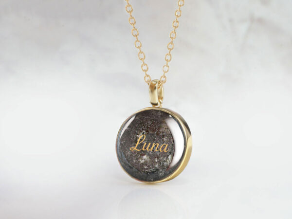 memorial jewelry, a 14k gold necklace filled with animal's ashes and name printed on a stone with the golden ink for a dog owner, a simple round pendant with a gold chain from keepsakemom