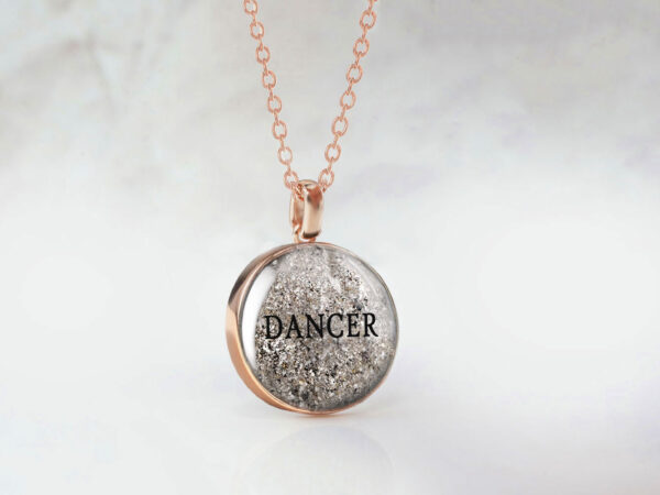 memorial disc necklace for a horse owner filled with pet's ashes with the name printed on the stone, a rose gold pendant from keepsakemom